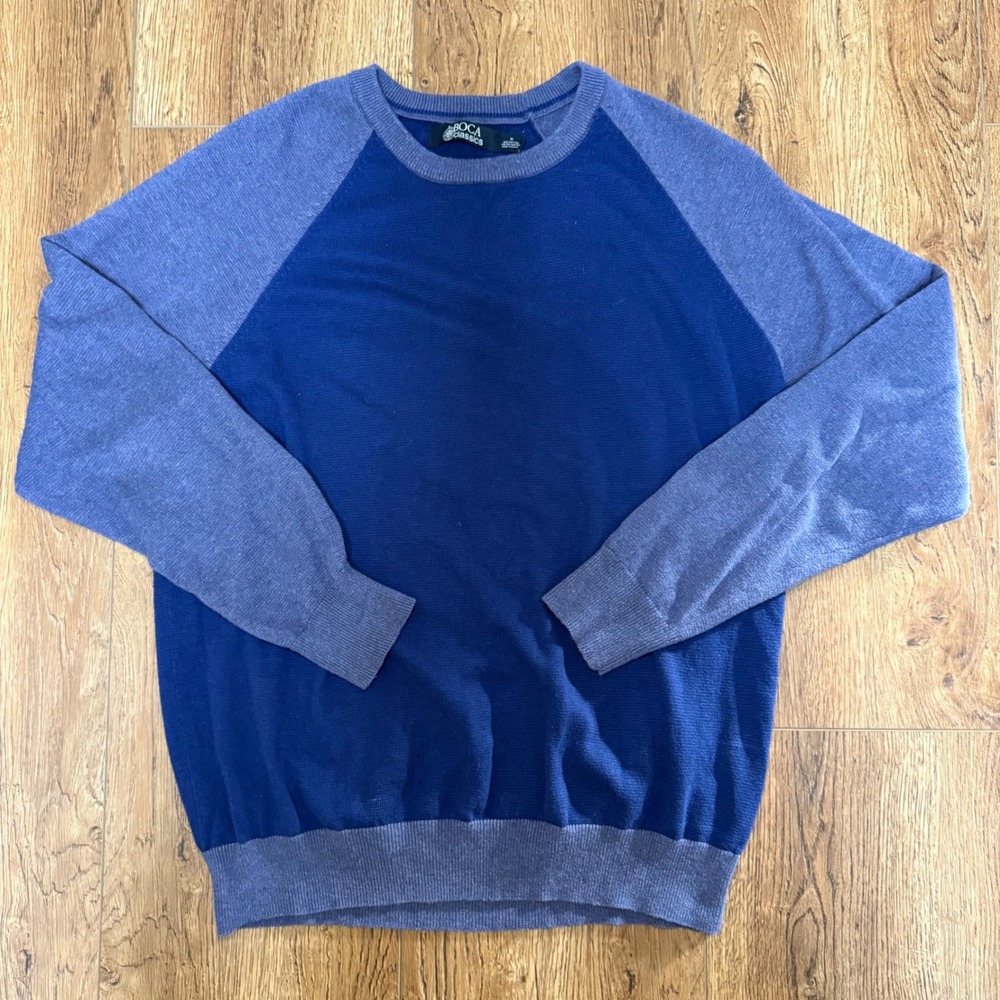 Boca Classics Crew Neck Knit Sweater Blue Raglan Long Sleeve Mens Medium VTG y2k